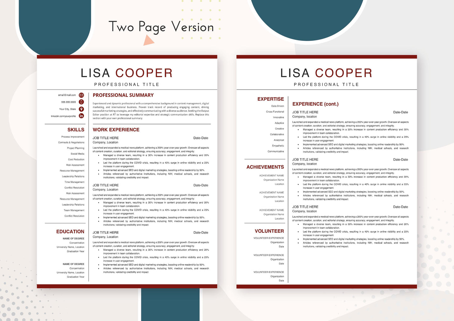 Marketing Resume Template - ATS Friendly, MS Word