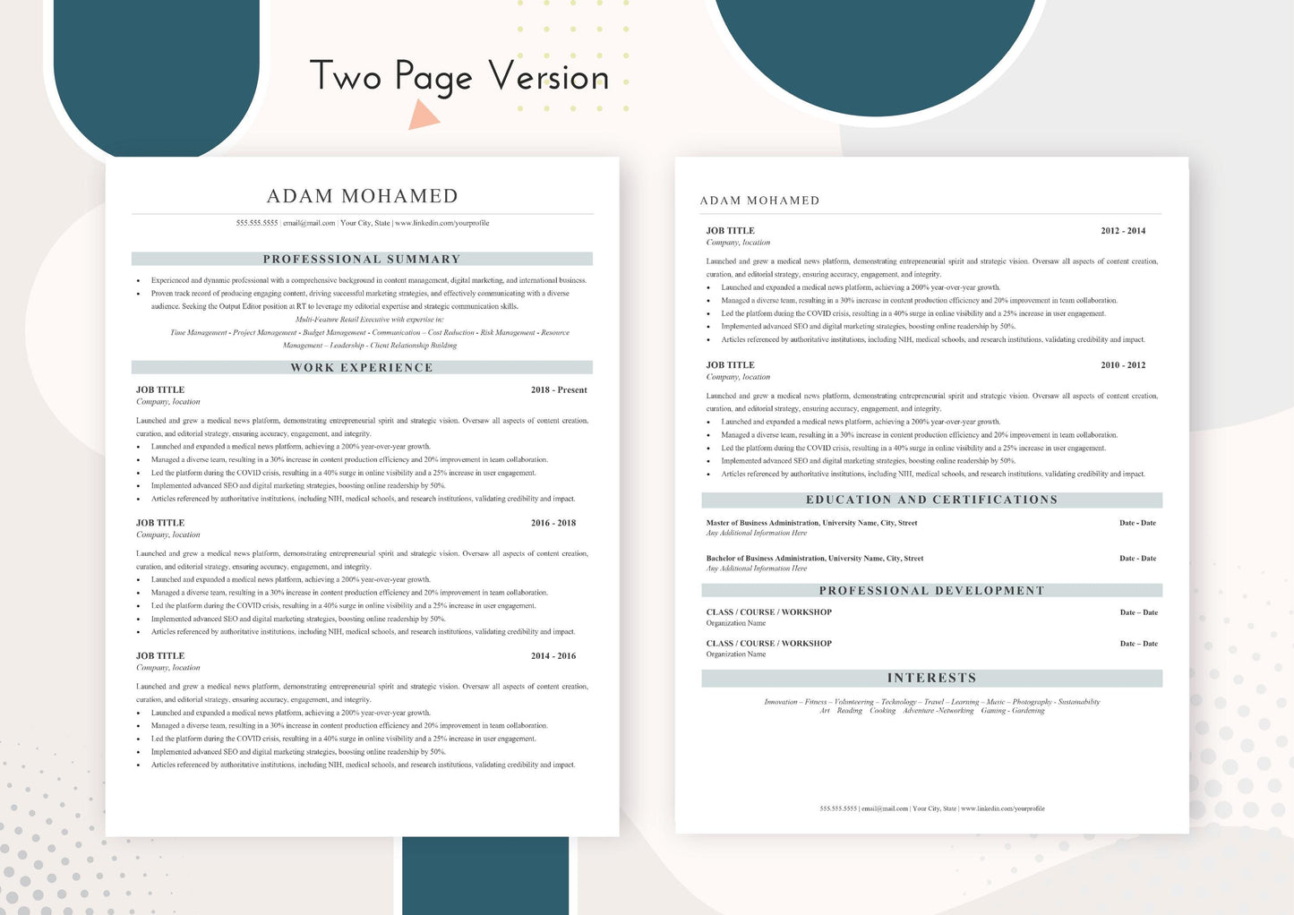 Executive MBA Resume Template - ATS Friendly, MS Word
