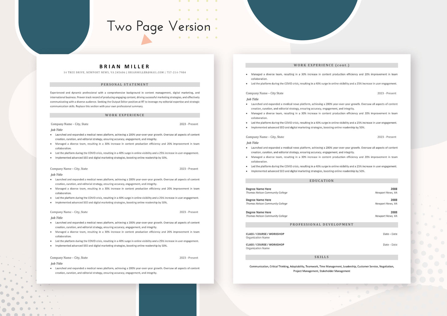 Student Resume Template for High School and College - ATS Friendly, MS Word
