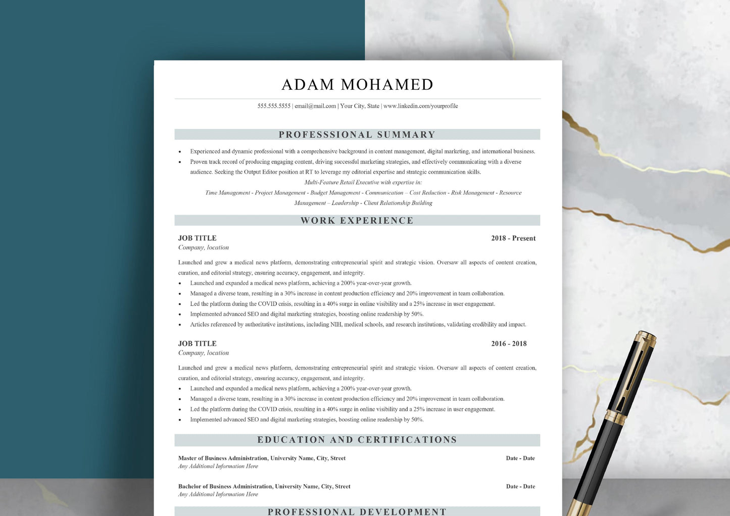 Executive MBA Resume Template - ATS Friendly, MS Word