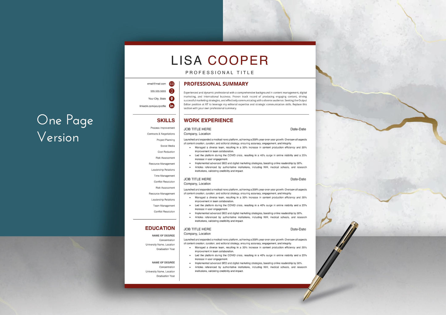 Marketing Resume Template - ATS Friendly, MS Word