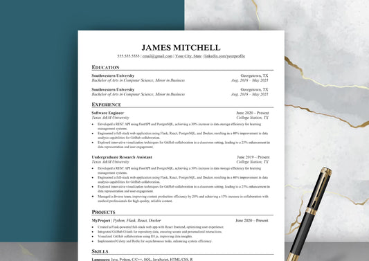 Tech Resume Template for Software Engineers, Data Scientists, Product Managers - ATS Friendly, MS Word